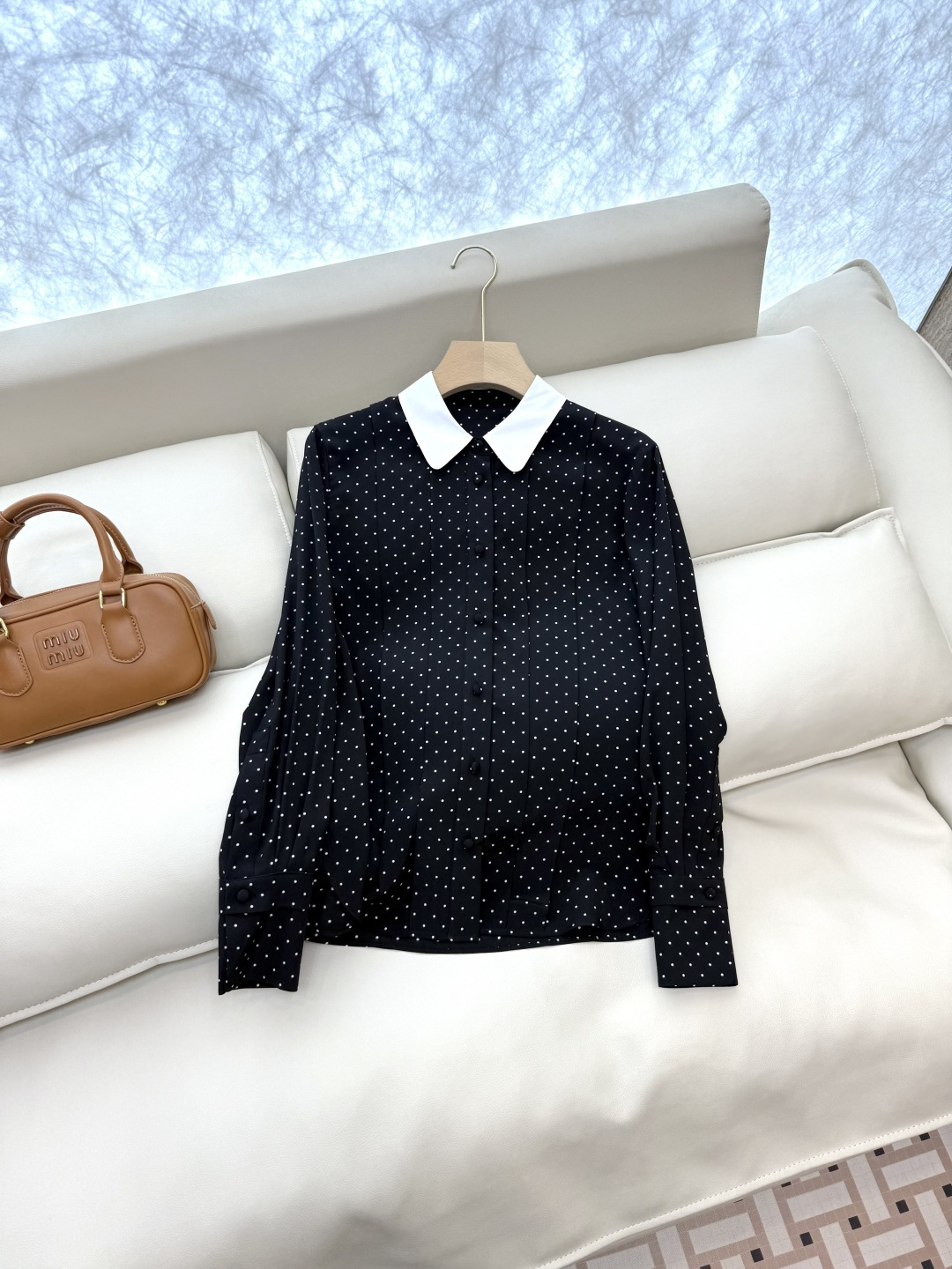 BS692#新款衬衫💕之禾 撞色小翻领 波点小圆点印花 100% 真丝衬衫 黑色 36/38/40/42