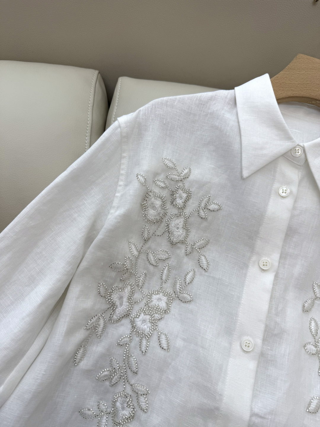 BS428#新款衬衫💕zimm… 重工刺绣钉珠 长袖 100% 亚麻 长袖衬衫 白色 SMLXL