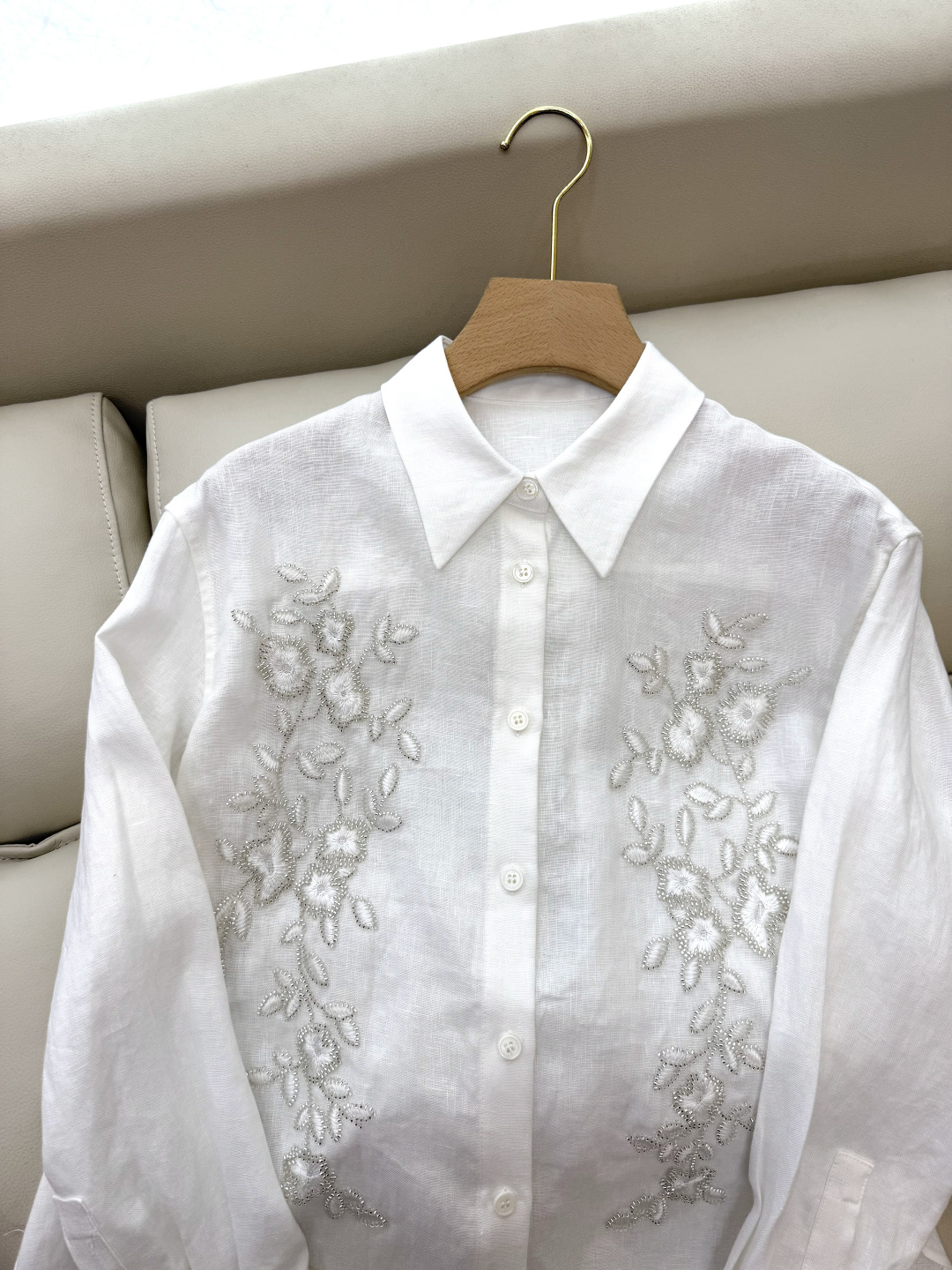 BS428#新款衬衫💕zimm… 重工刺绣钉珠 长袖 100% 亚麻 长袖衬衫 白色 SMLXL
