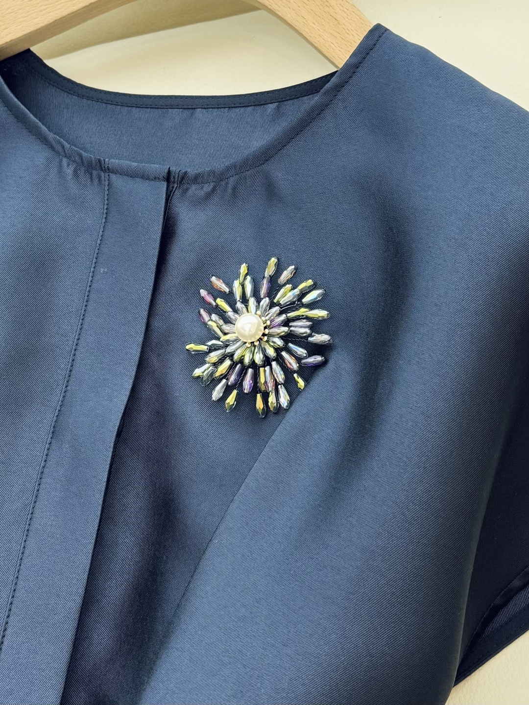 XF034#新款连衣裙💕配胸针 短袖 显瘦收腰短袖连衣裙 蓝色 SMLXLXXL