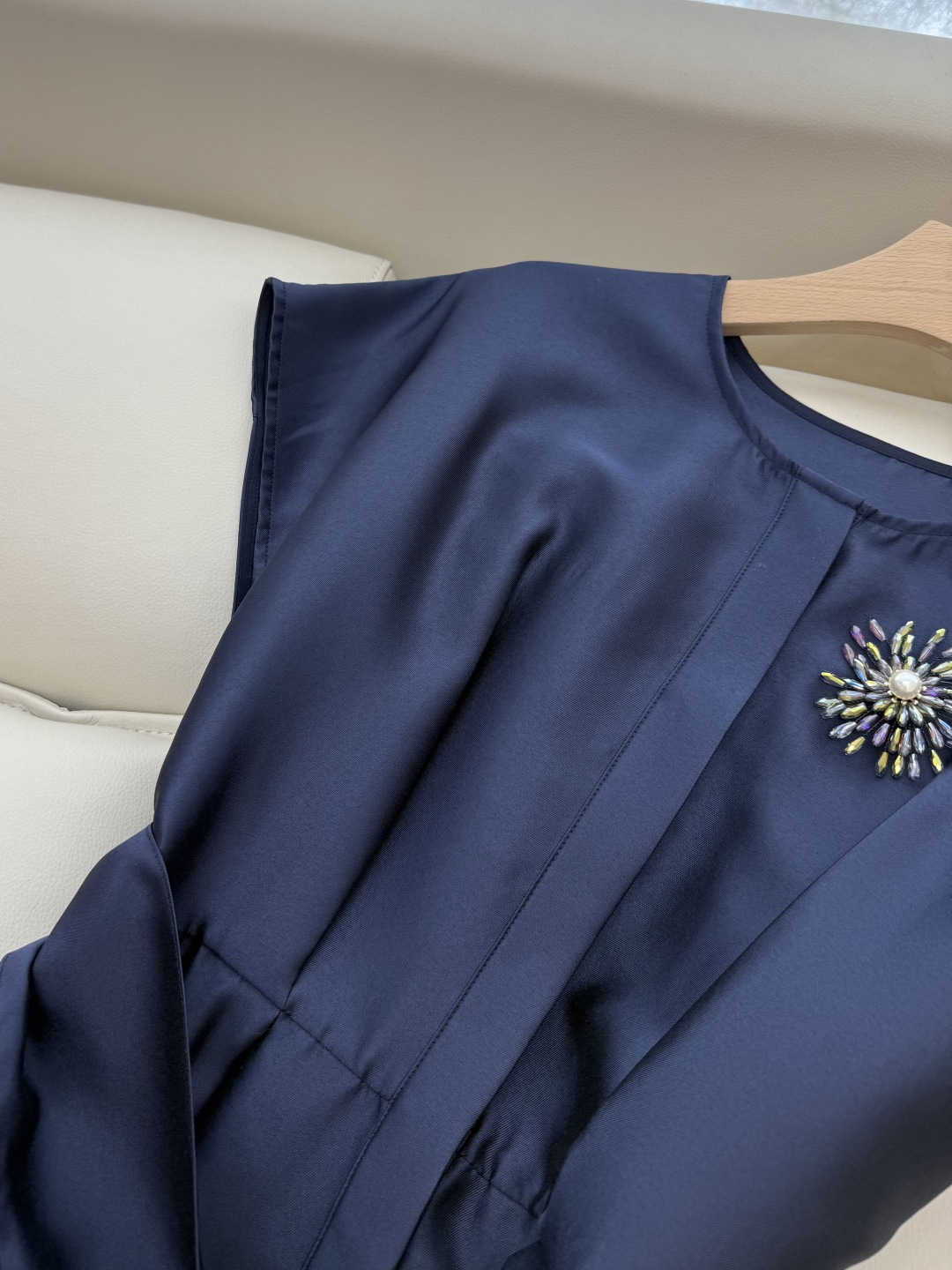 XF034#新款连衣裙💕配胸针 短袖 显瘦收腰短袖连衣裙 蓝色 SMLXLXXL