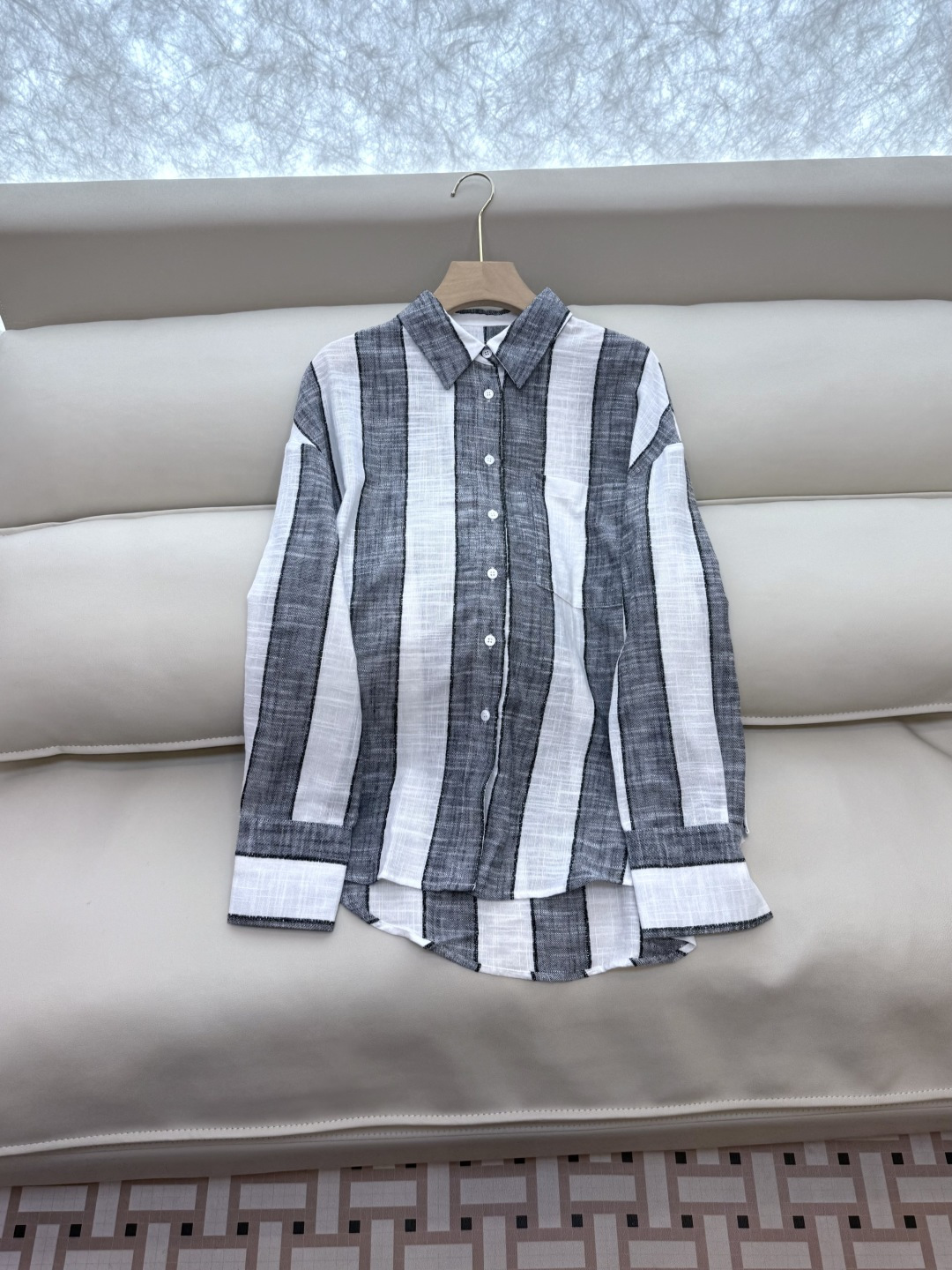 LZ25031+25032#新款套装💕50% 棉 40% 亚麻 条纹 显瘦 长袖衬衫➕长裤套装 SML