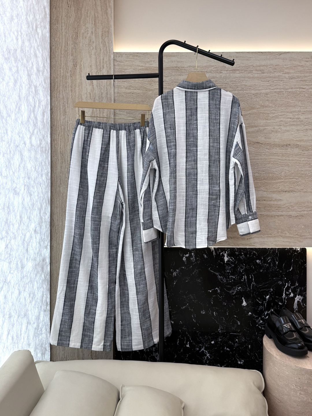 LZ25031+25032#新款套装💕50% 棉 40% 亚麻 条纹 显瘦 长袖衬衫➕长裤套装 SML