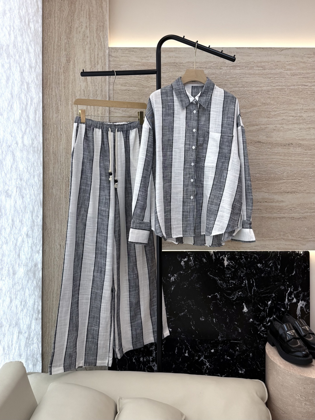 LZ25031+25032#新款套装💕50% 棉 40% 亚麻 条纹 显瘦 长袖衬衫➕长裤套装 SML