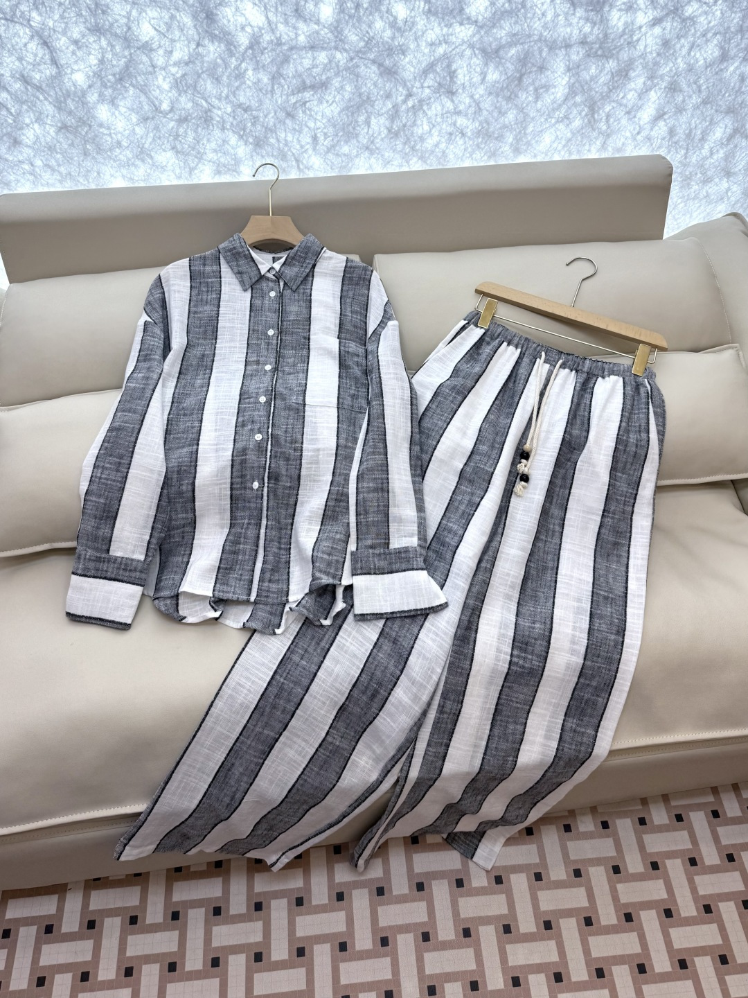 LZ25031+25032#新款套装💕50% 棉 40% 亚麻 条纹 显瘦 长袖衬衫➕长裤套装 SML
