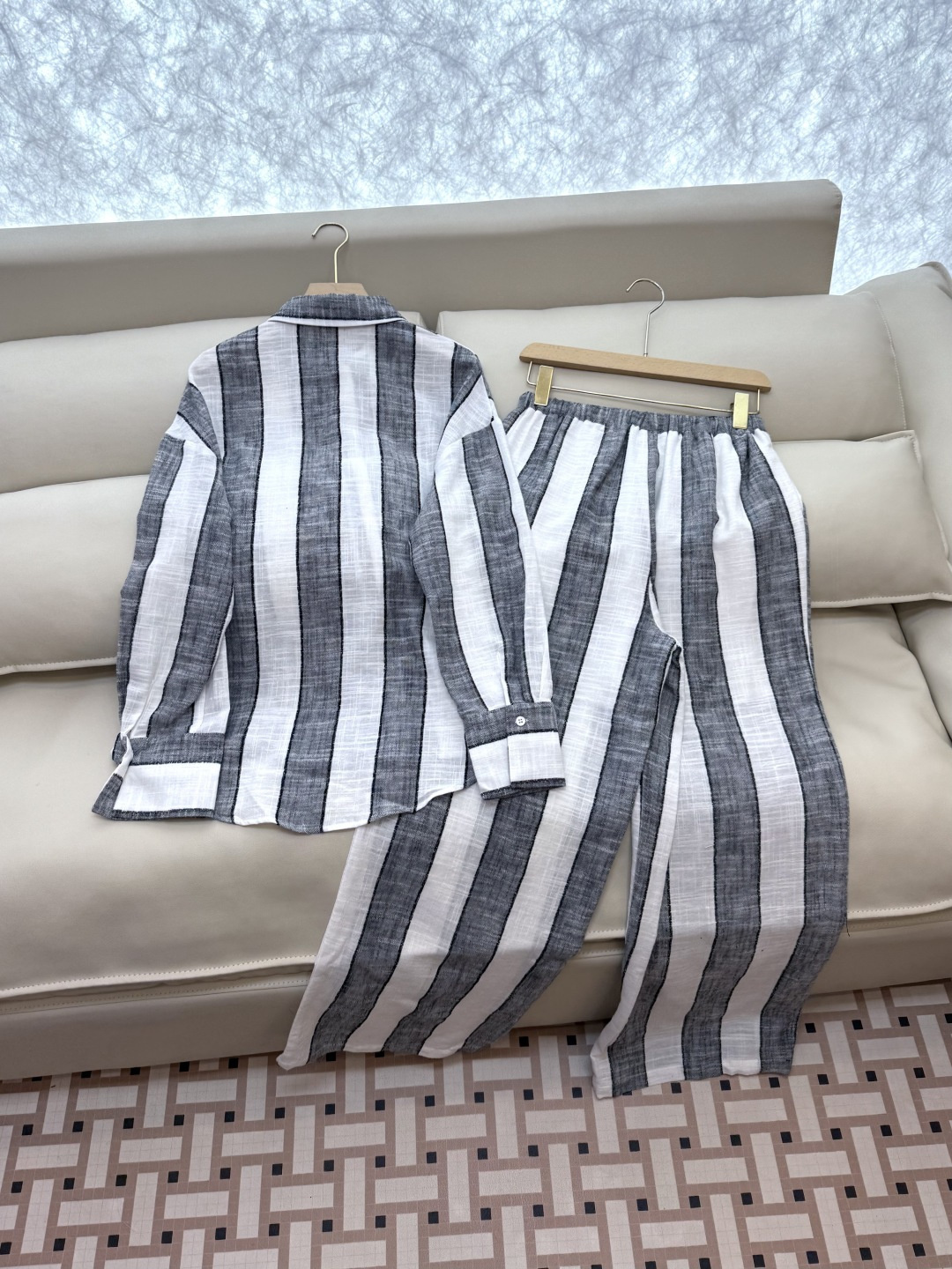 LZ25031+25032#新款套装💕50% 棉 40% 亚麻 条纹 显瘦 长袖衬衫➕长裤套装 SML