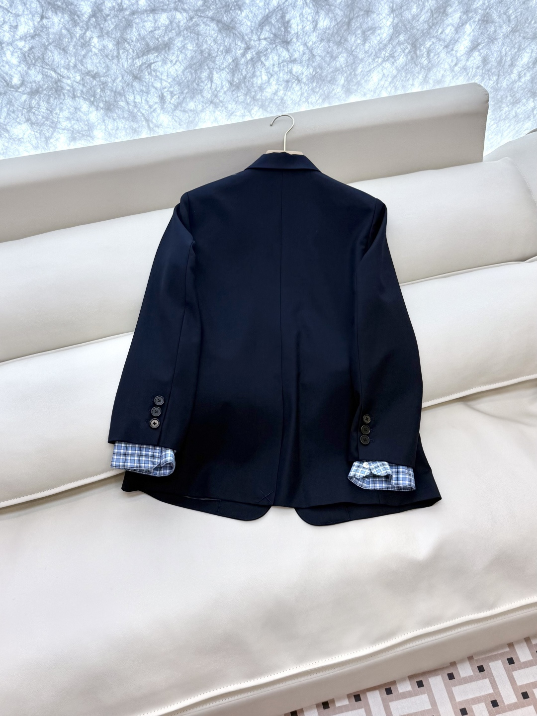 XZ094#新款西装外套🌾miu miu 爆款 可拆格子袖口 中长款 西装外套 蓝色 SMLXL