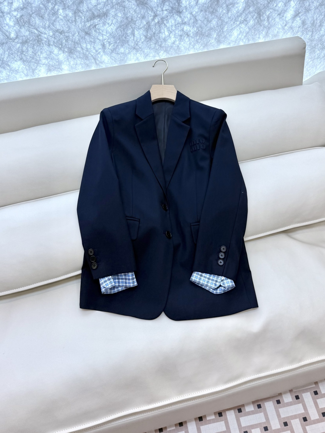 XZ094#新款西装外套🌾miu miu 爆款 可拆格子袖口 中长款 西装外套 蓝色 SMLXL