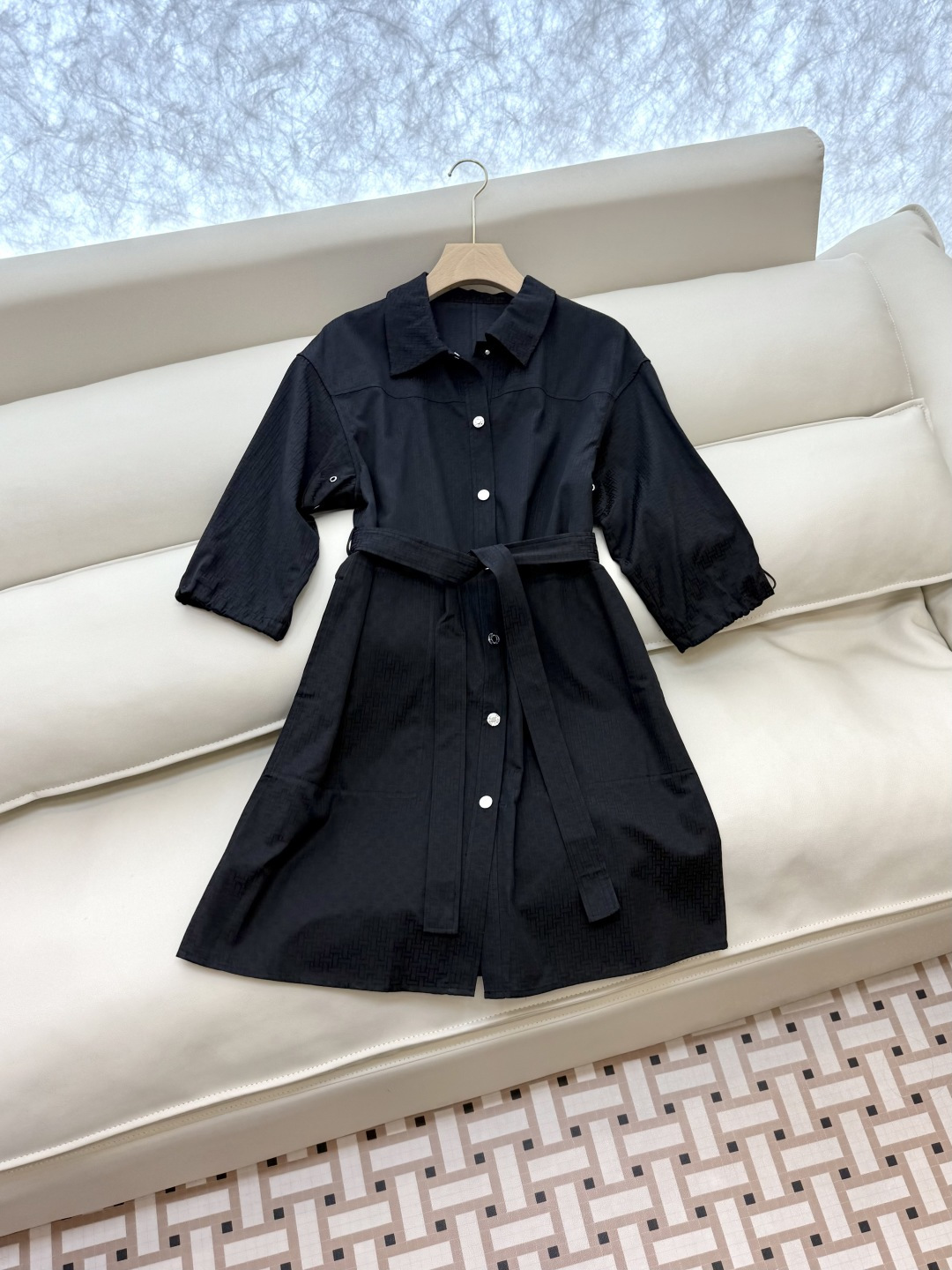 QGL022#新款连衣裙💕Hermes H家 爱马仕 H字母暗纹 七分袖宽松款连衣裙 黑色 燕麦咖色 白