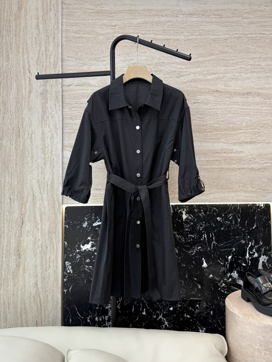 QGL022#新款连衣裙💕Hermes H家 爱马仕 H字母暗纹 七分袖宽松款连衣裙 黑色 燕麦咖色 白