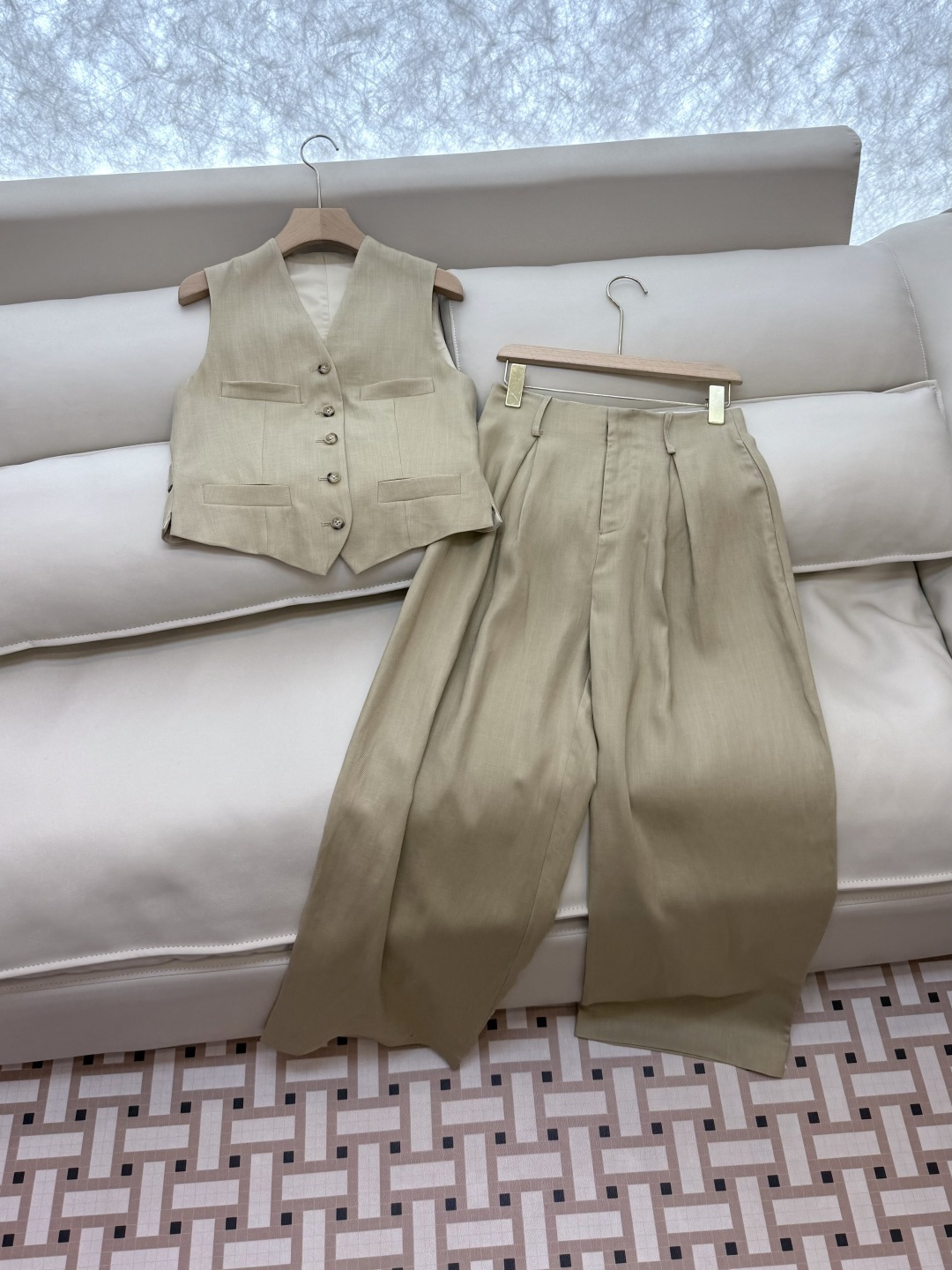 XZ0120#新款套装🌾劳夫劳伦 超级大爆款 30% 亚麻 70% 天丝 马甲➕长裤 套装 杏色 SML