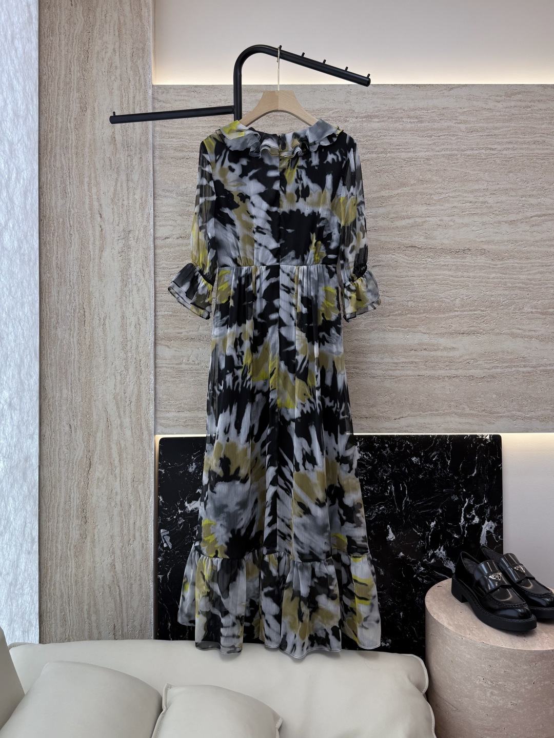 XF045#新款连衣裙💕中袖 水墨印花 收腰 连衣裙 SMLXLXXL