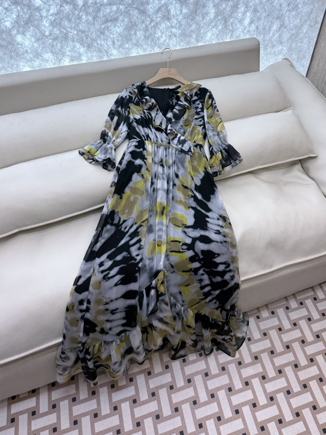 XF045#新款连衣裙💕中袖 水墨印花 收腰 连衣裙 SMLXLXXL