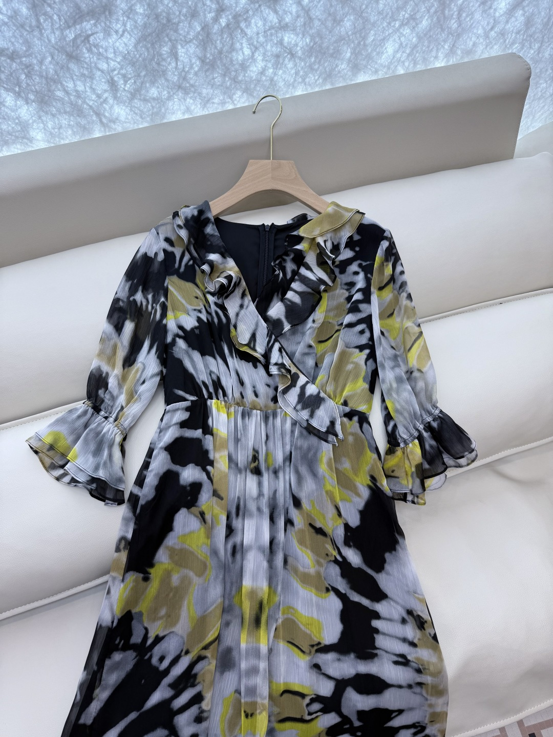 XF045#新款连衣裙💕中袖 水墨印花 收腰 连衣裙 SMLXLXXL