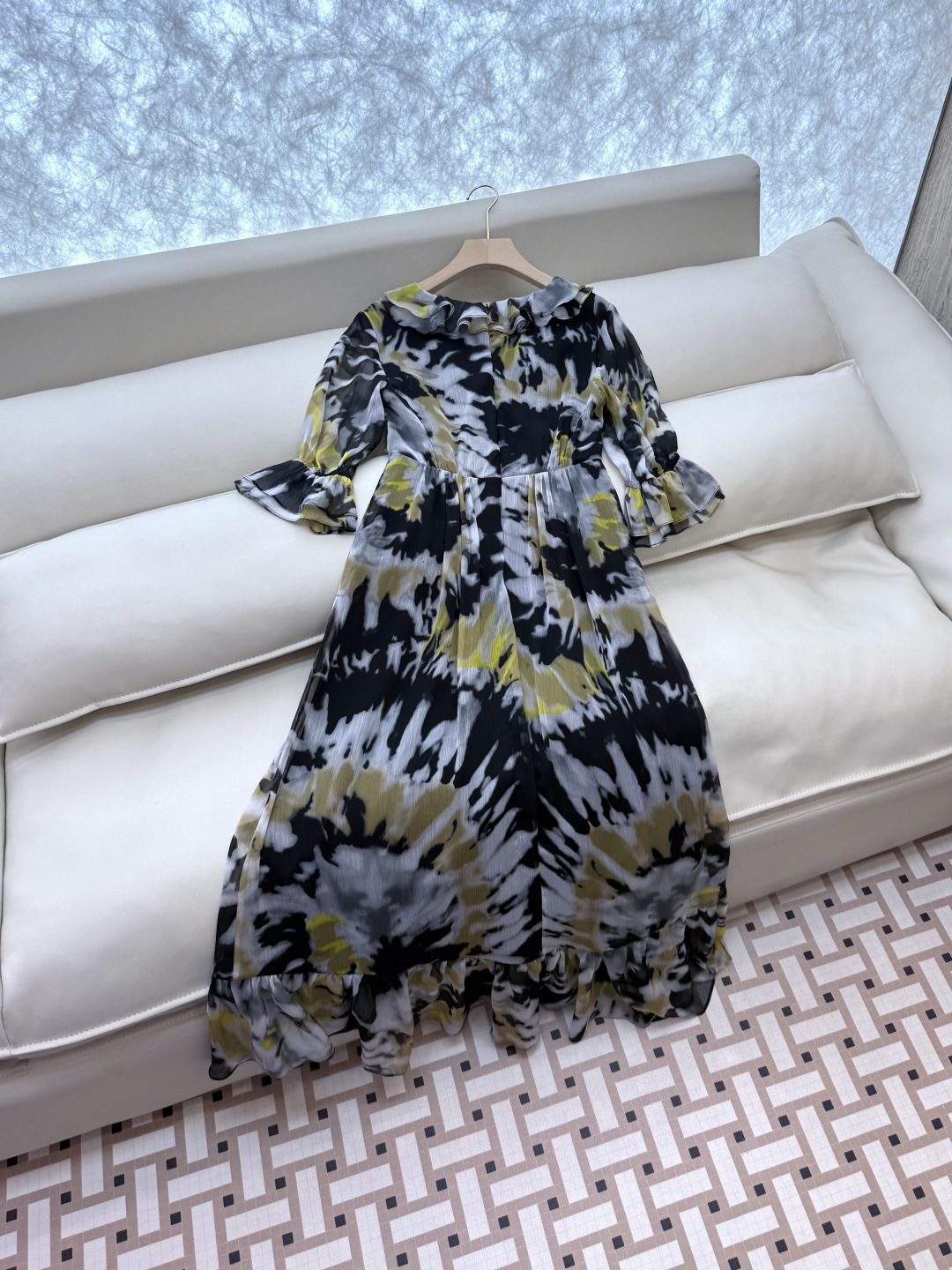 XF045#新款连衣裙💕中袖 水墨印花 收腰 连衣裙 SMLXLXXL