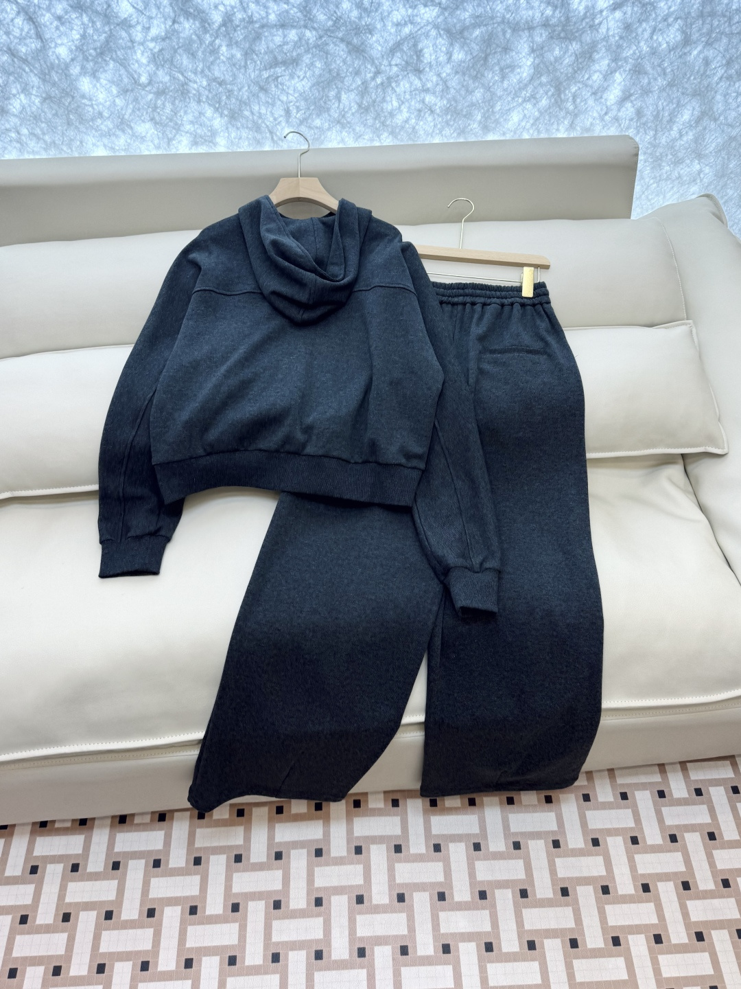 LZ25059#新款套装🌾BC 80%棉 休闲风 长袖带帽外套➕长裤套装 深灰色 白色 SML