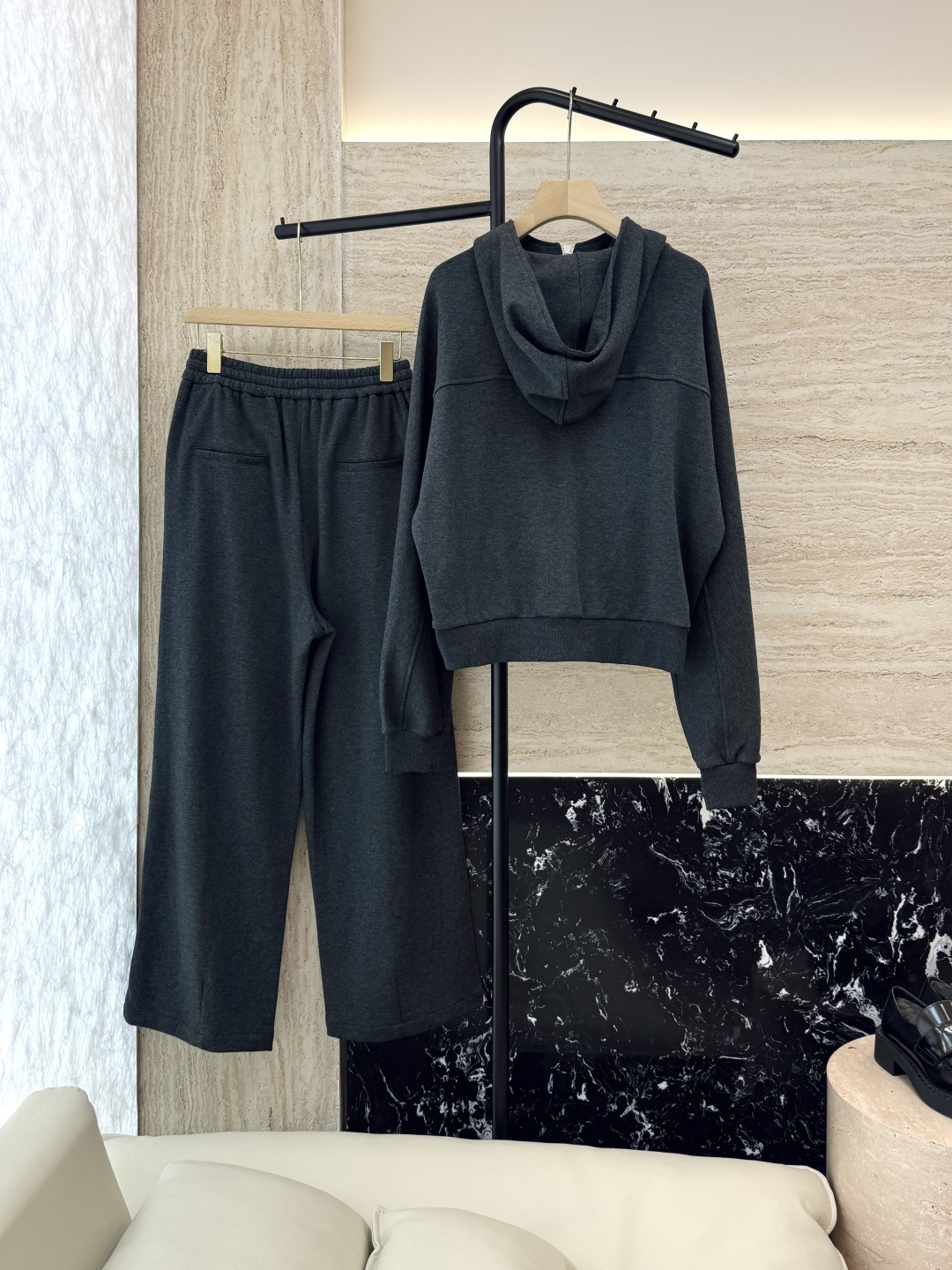 LZ25059#新款套装🌾BC 80%棉 休闲风 长袖带帽外套➕长裤套装 深灰色 白色 SML