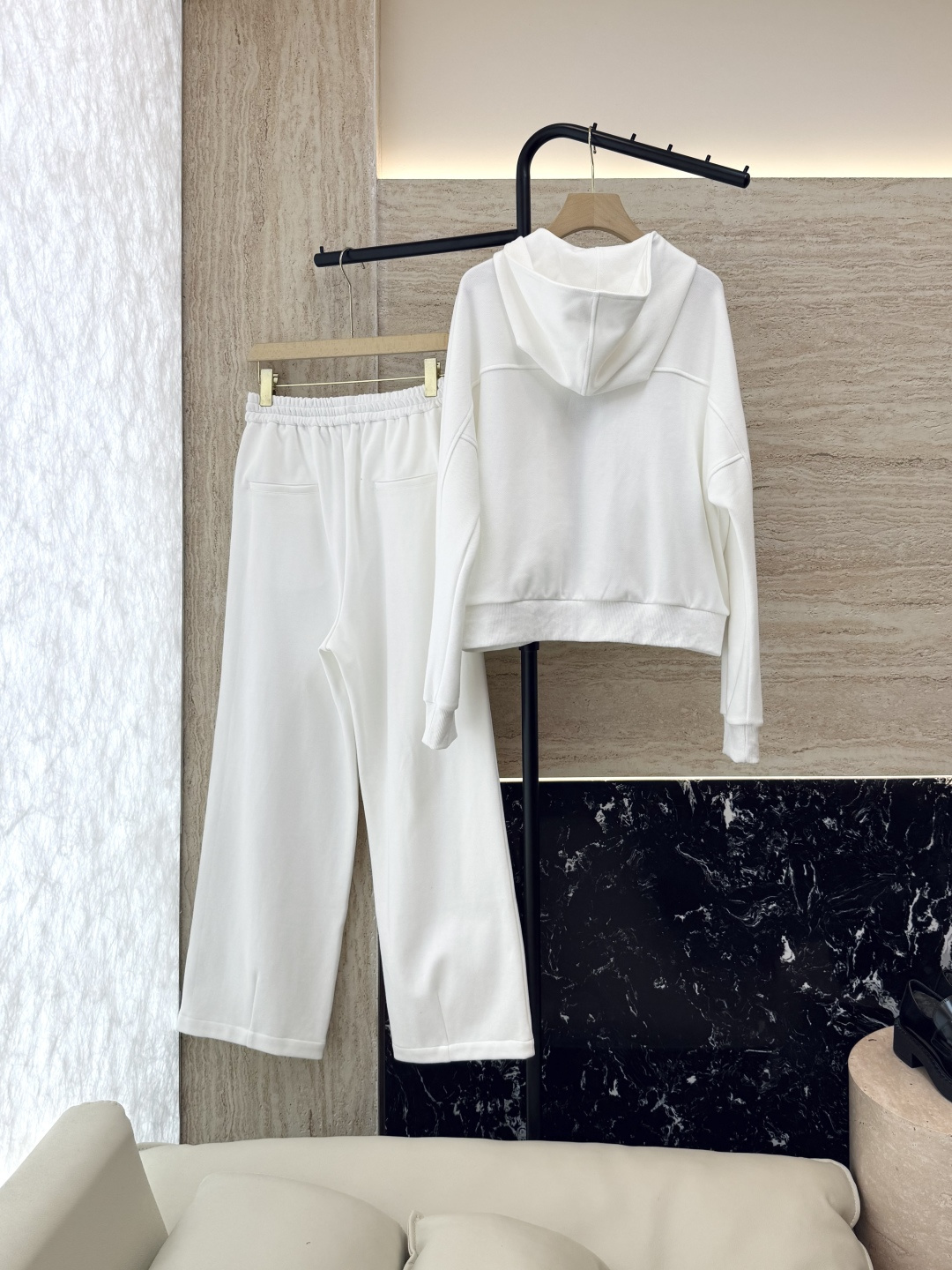 LZ25059#新款套装🌾BC 80%棉 休闲风 长袖带帽外套➕长裤套装 深灰色 白色 SML