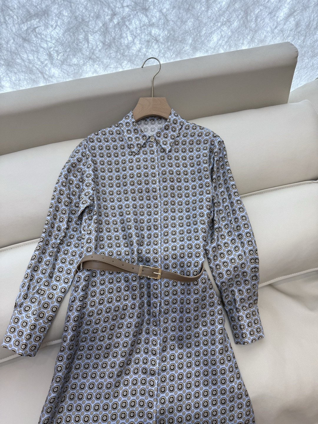 BS963#新款连衣裙💕Max 配腰带 100% 斜纹真丝印花 长袖 连衣裙 黑色 蓝色 36/38/4