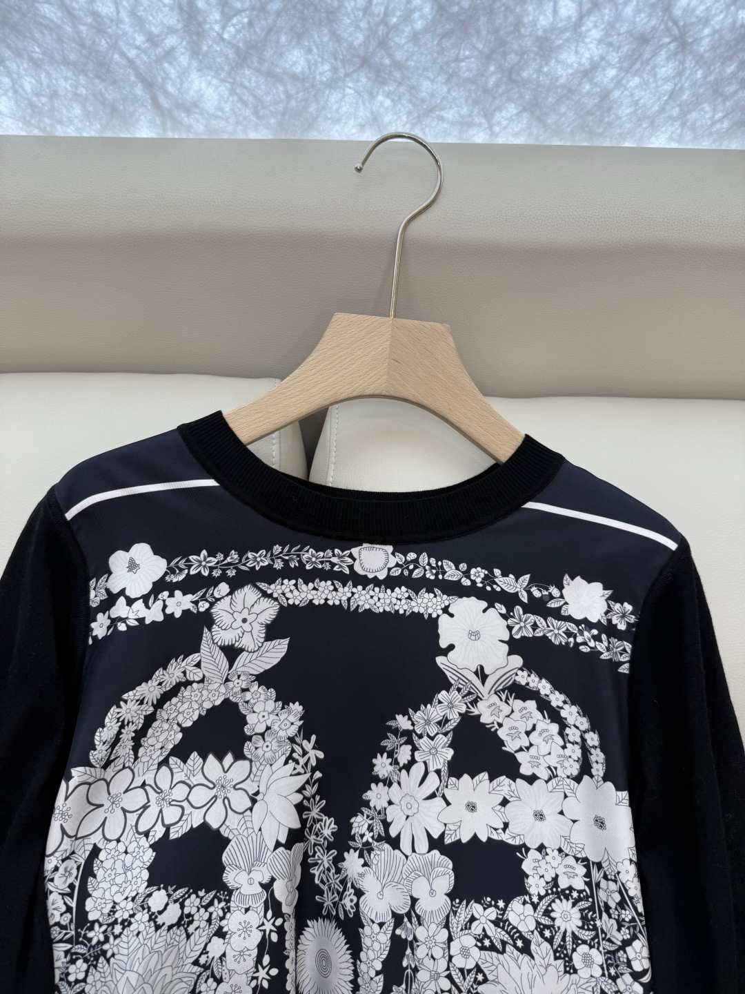 H32555#新款外套💕H家 爱马仕 100% 真丝印花拼接长袖针织羊毛上衣 四色 S- XXL