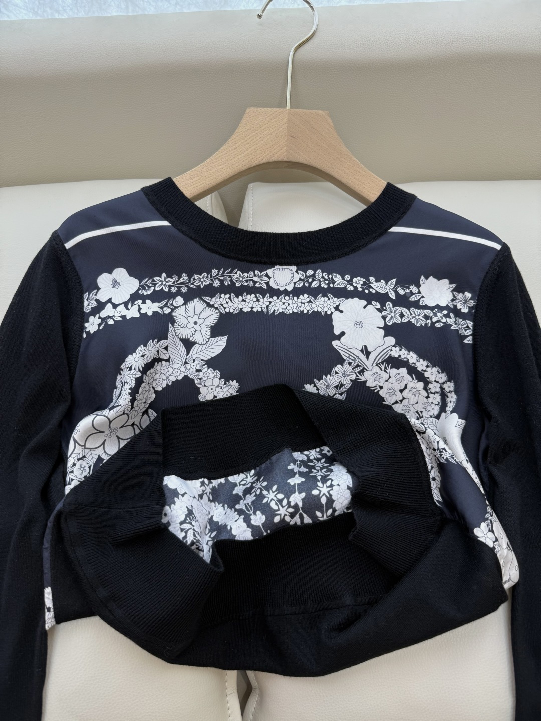 H32555#新款外套💕H家 爱马仕 100% 真丝印花拼接长袖针织羊毛上衣 四色 S- XXL