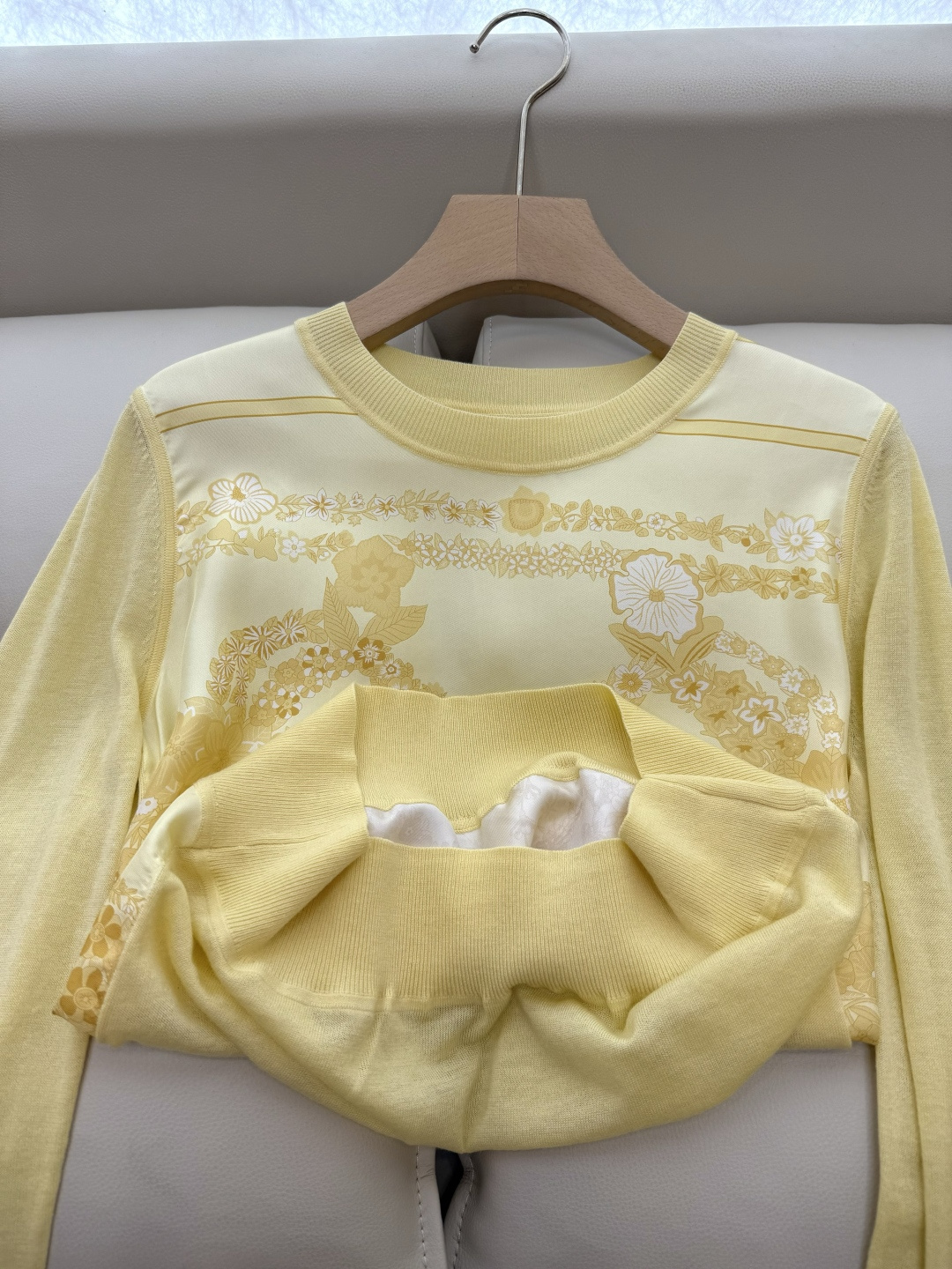 H32555#新款外套💕H家 爱马仕 100% 真丝印花拼接长袖针织羊毛上衣 四色 S- XXL