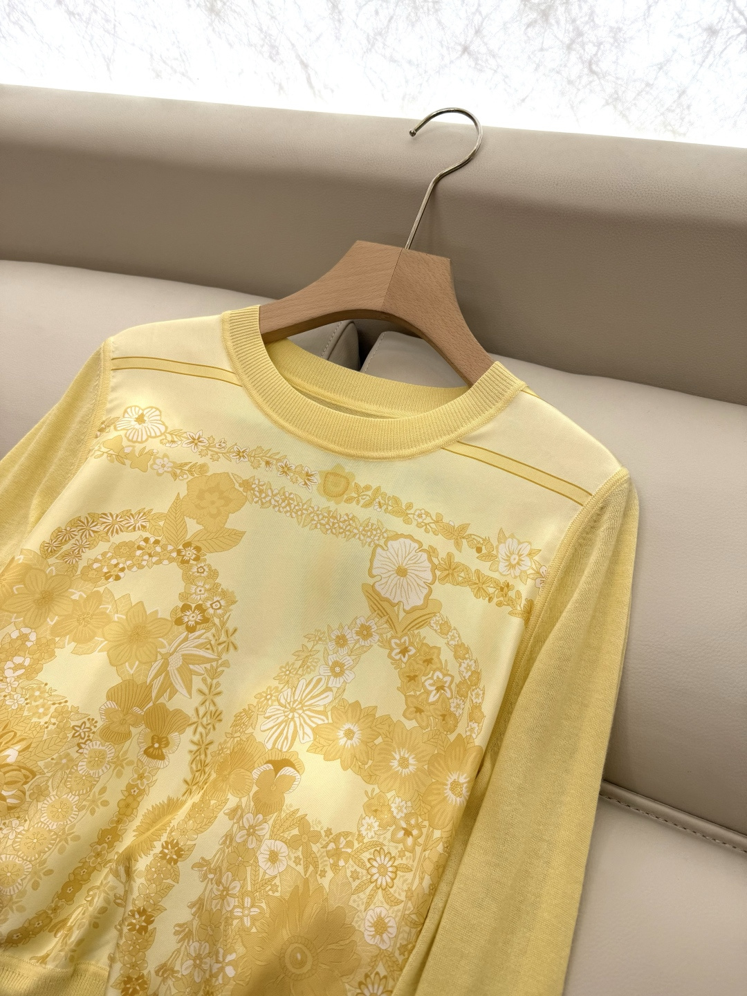 H32555#新款外套💕H家 爱马仕 100% 真丝印花拼接长袖针织羊毛上衣 四色 S- XXL