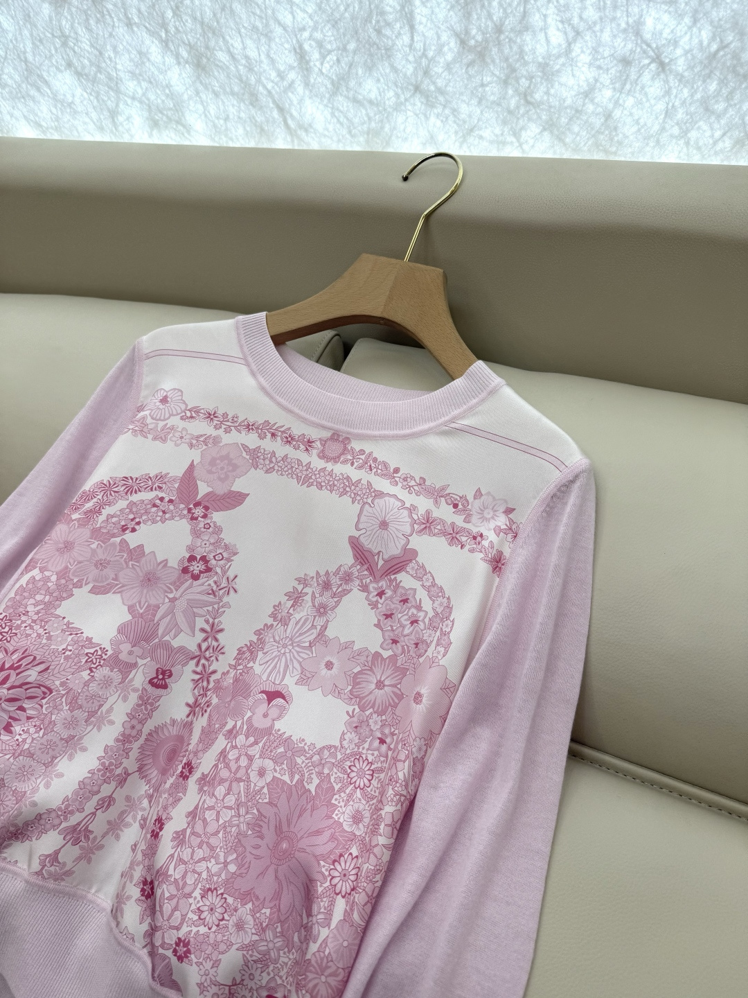 H32555#新款外套💕H家 爱马仕 100% 真丝印花拼接长袖针织羊毛上衣四色 S- XXL