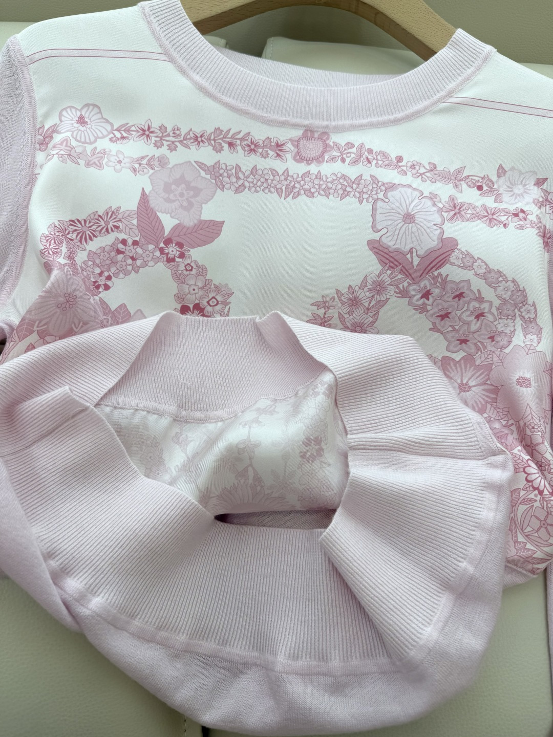 H32555#新款外套💕H家 爱马仕 100% 真丝印花拼接长袖针织羊毛上衣四色 S- XXL