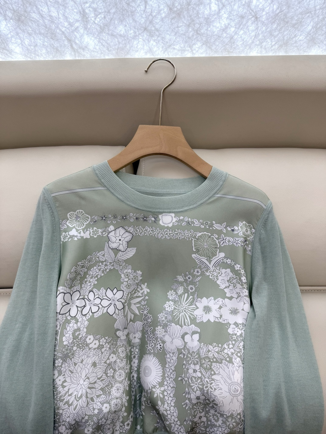 H32555#新款外套💕H家 爱马仕 100% 真丝印花拼接长袖针织羊毛上衣四色 S- XXL