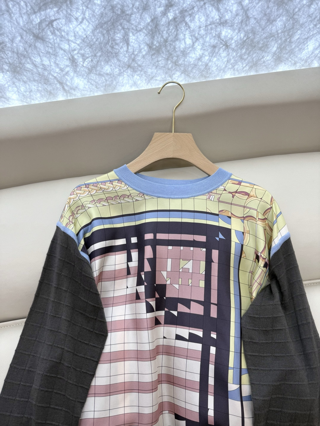 H32563#新款上衣💕H家 爱马仕 100% 真丝印花拼接长袖针织羊毛 S- XL