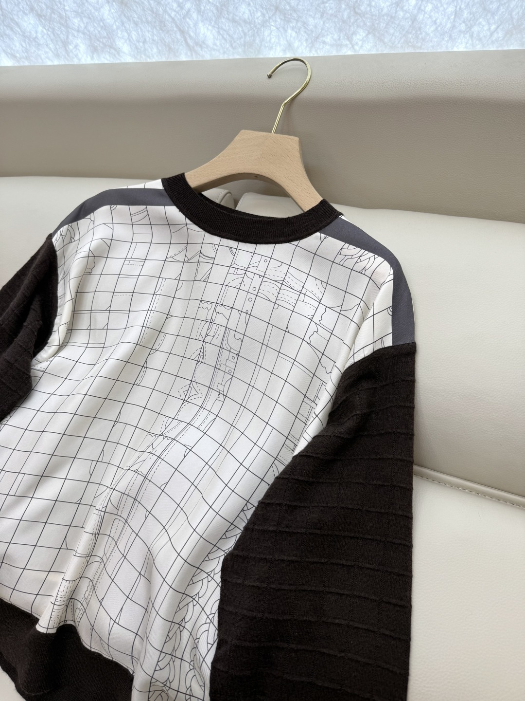 H32562#新款上衣💕H家 爱马仕 100% 真丝印花拼接长袖针织羊毛上两色S- X L