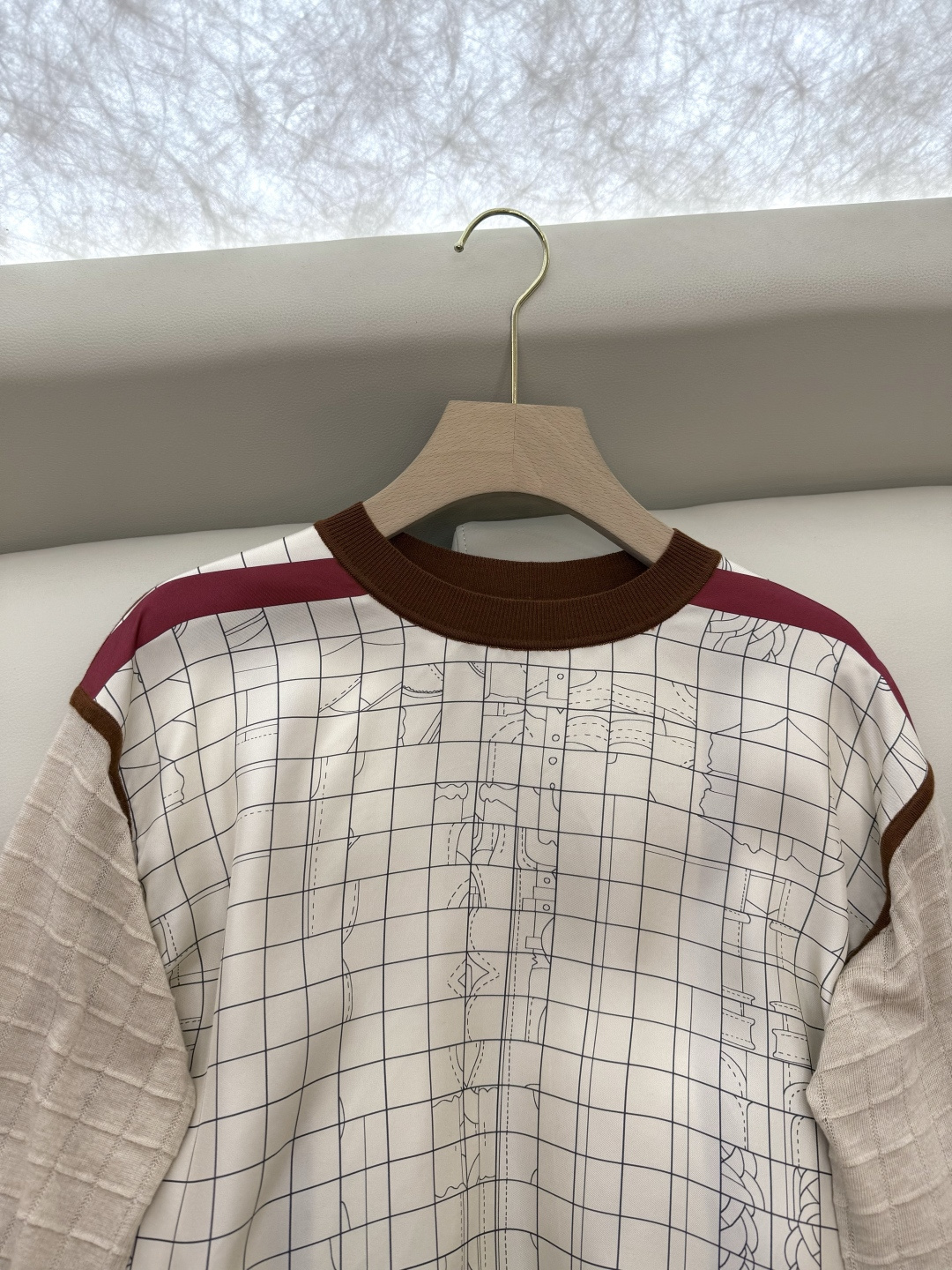 H32562#新款上衣💕H家 爱马仕 100% 真丝印花拼接长袖针织羊毛上两色S- XL