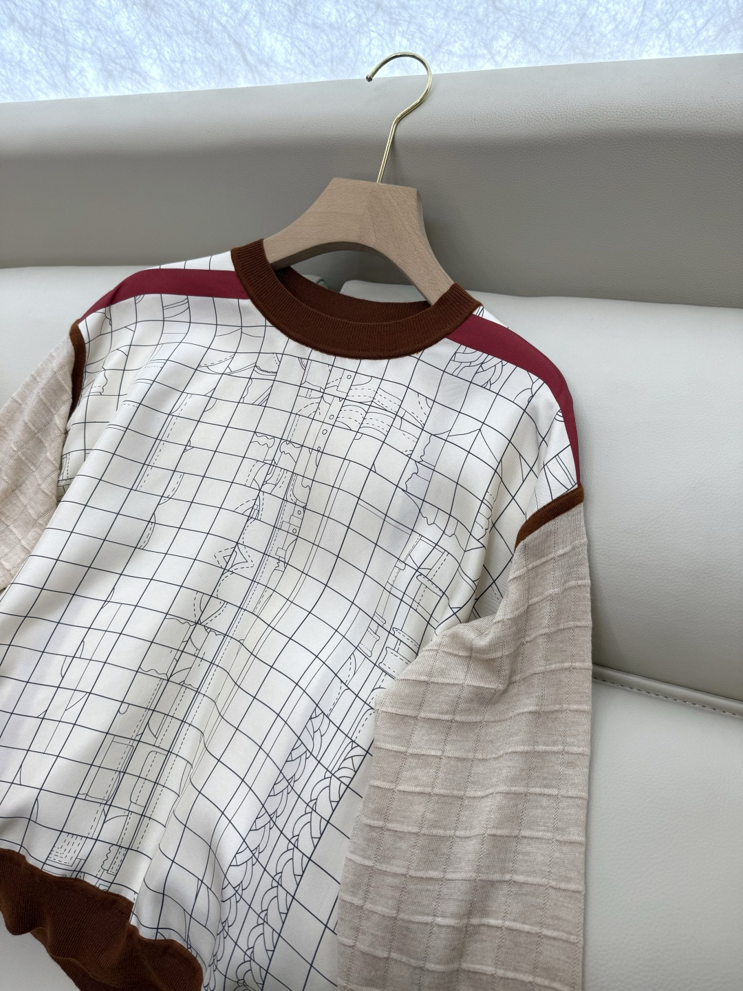 H32562#新款上衣💕H家 爱马仕 100% 真丝印花拼接长袖针织羊毛上两色S- XL