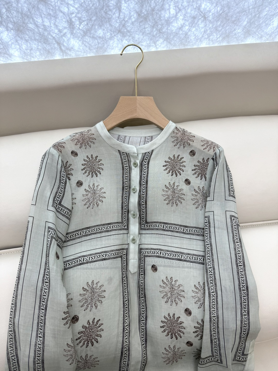 BS985#新款衬衫💕定位印花 苎麻面料印花长袖款 绿色 米白色 36/38/40/42