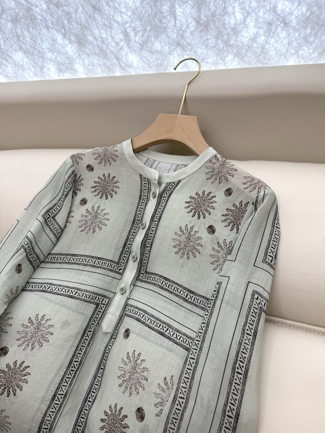 BS985#新款衬衫💕定位印花 苎麻面料印花长袖款 绿色 米白色 36/38/40/42