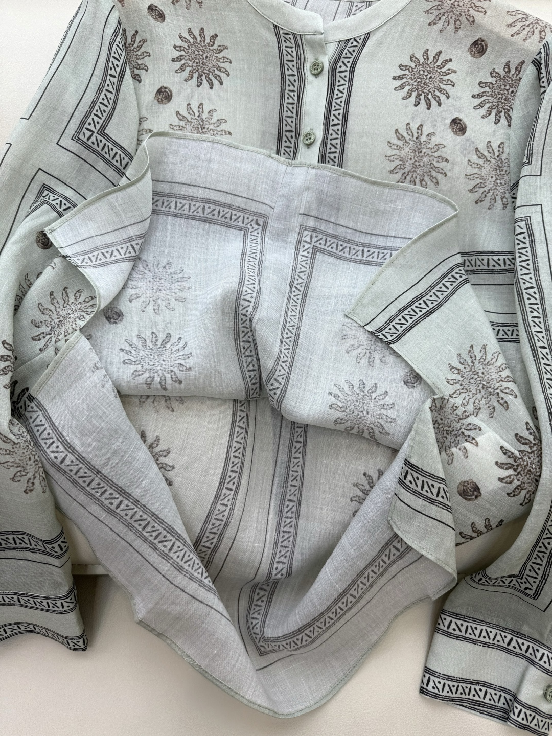 BS985#新款衬衫💕定位印花 苎麻面料印花长袖款 绿色 米白色 36/38/40/42