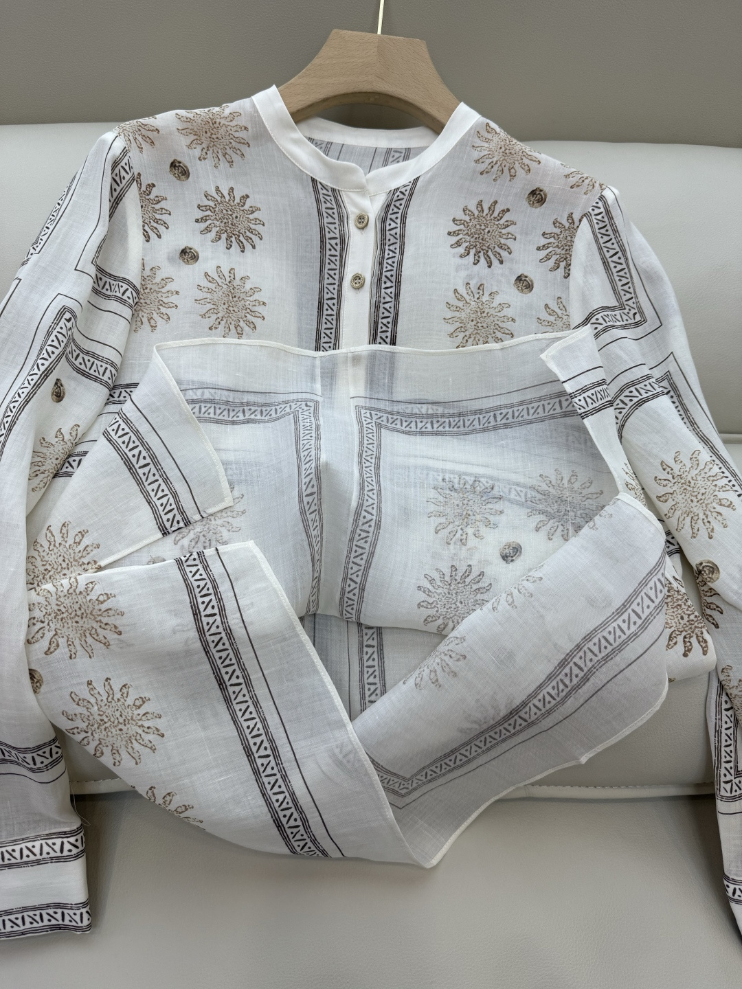 BS985#新款衬衫💕定位印花 苎麻面料印花长袖款 绿色 米白色 36/38/40/42