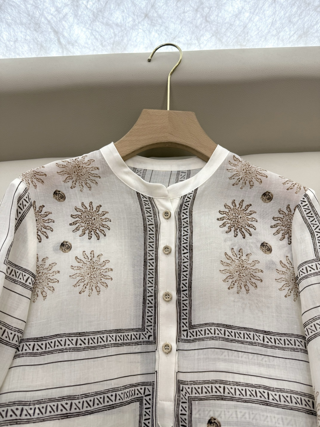 BS985#新款衬衫💕定位印花 苎麻面料印花长袖款 绿色 米白色 36/38/40/42