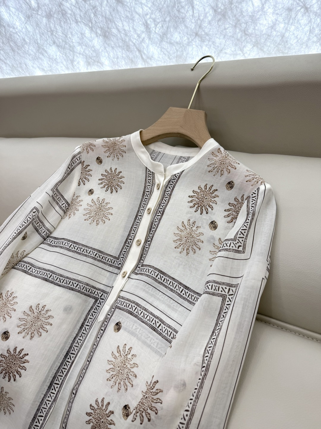 BS985#新款衬衫💕定位印花 苎麻面料印花长袖款 绿色 米白色 36/38/40/42