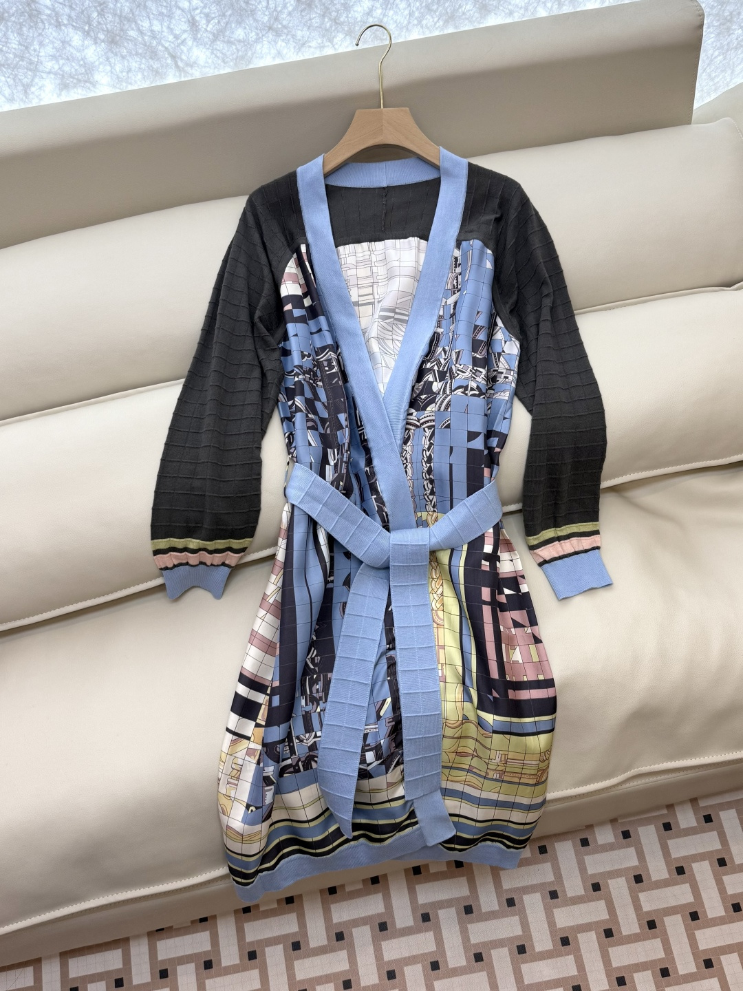 H32564#新款羊毛针织💕H家爱马仕 定位印花 斜纹真丝拼羊毛针织长开衫 SMLXL