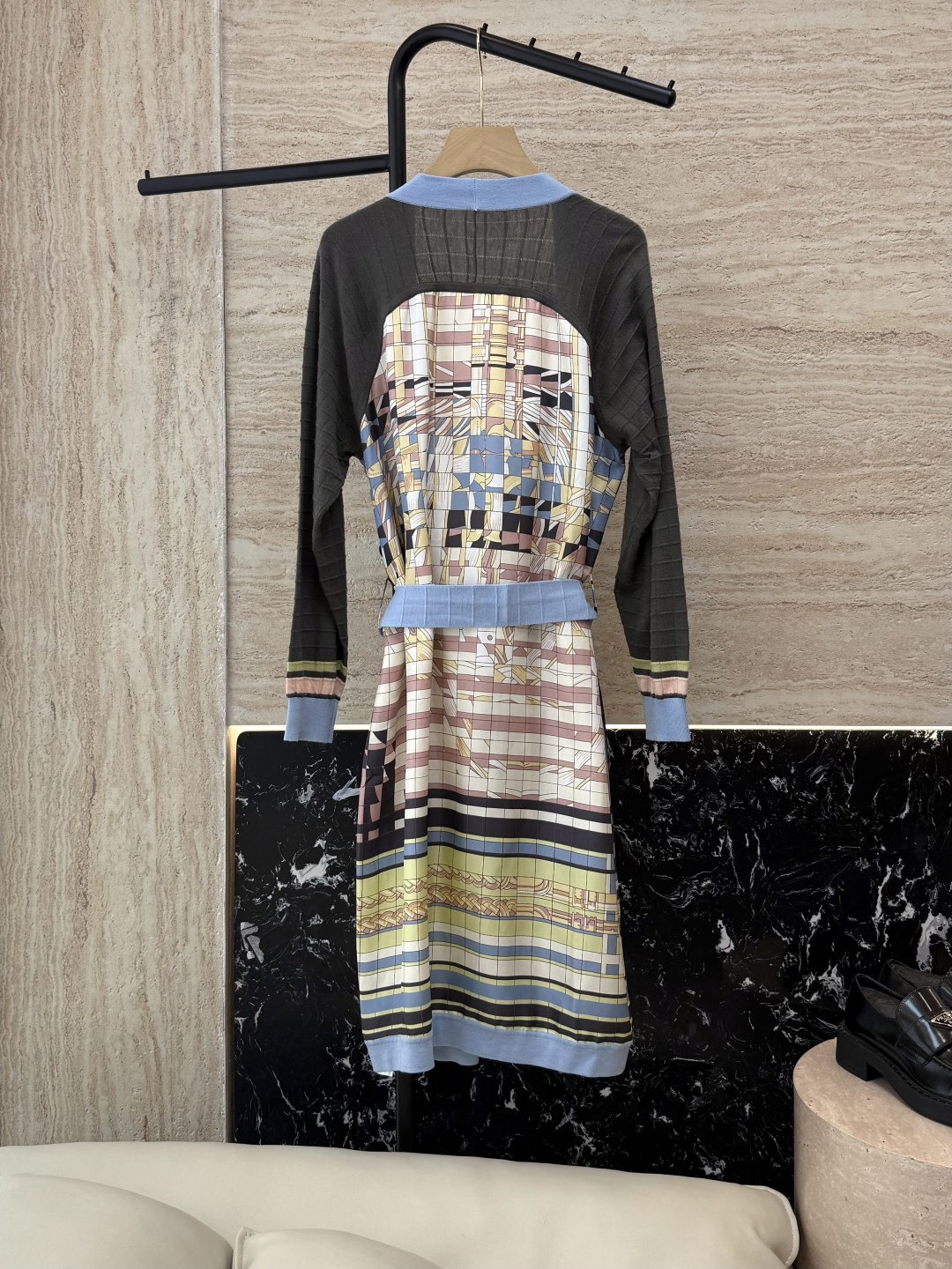 H32564#新款羊毛针织💕H家爱马仕 定位印花 斜纹真丝拼羊毛针织长开衫 SMLXL