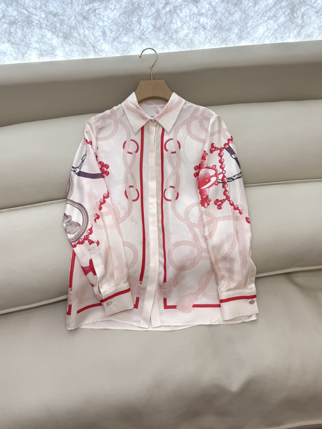 H32568#新款衬衫💕H家 爱马仕 定位印花 斜纹真丝印花 衬衫 粉色S-XL