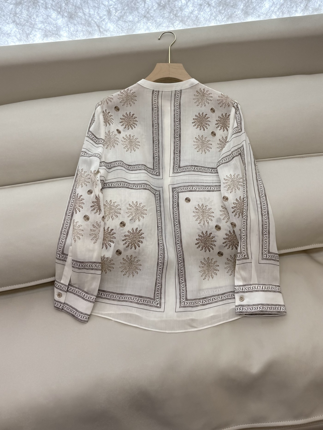 BS985#新款衬衫💕定位印花 苎麻面料印花长袖款 绿色 米白色 36/38/40/42