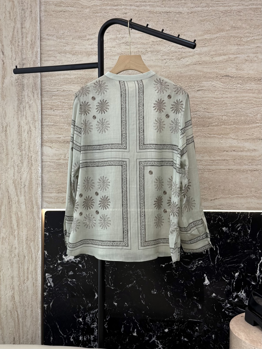 BS985#新款衬衫💕定位印花 苎麻面料印花长袖款 绿色 米白色 36/38/40/42