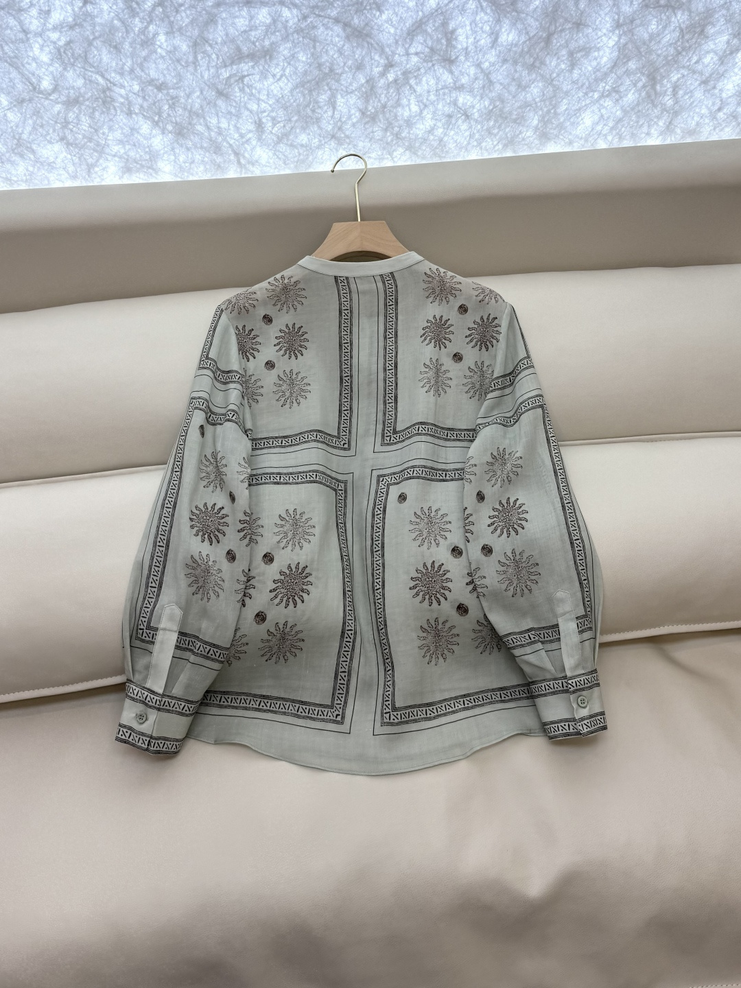 BS985#新款衬衫💕定位印花 苎麻面料印花长袖款 绿色 米白色 36/38/40/42