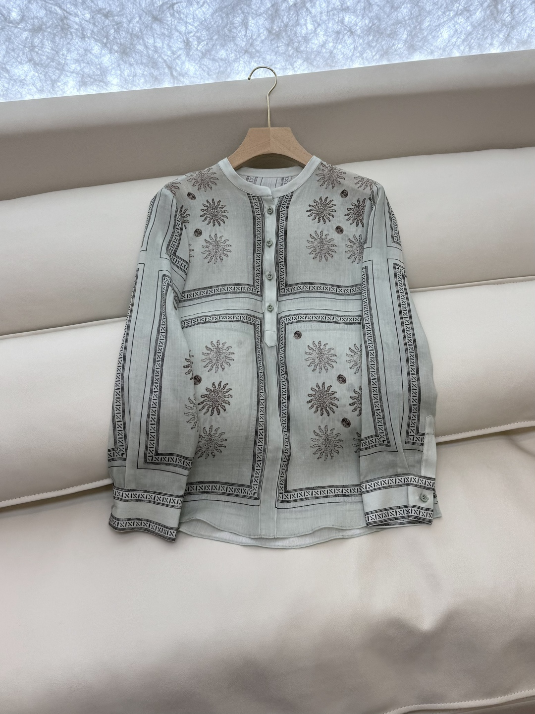 BS985#新款衬衫💕定位印花 苎麻面料印花长袖款 绿色 米白色 36/38/40/42