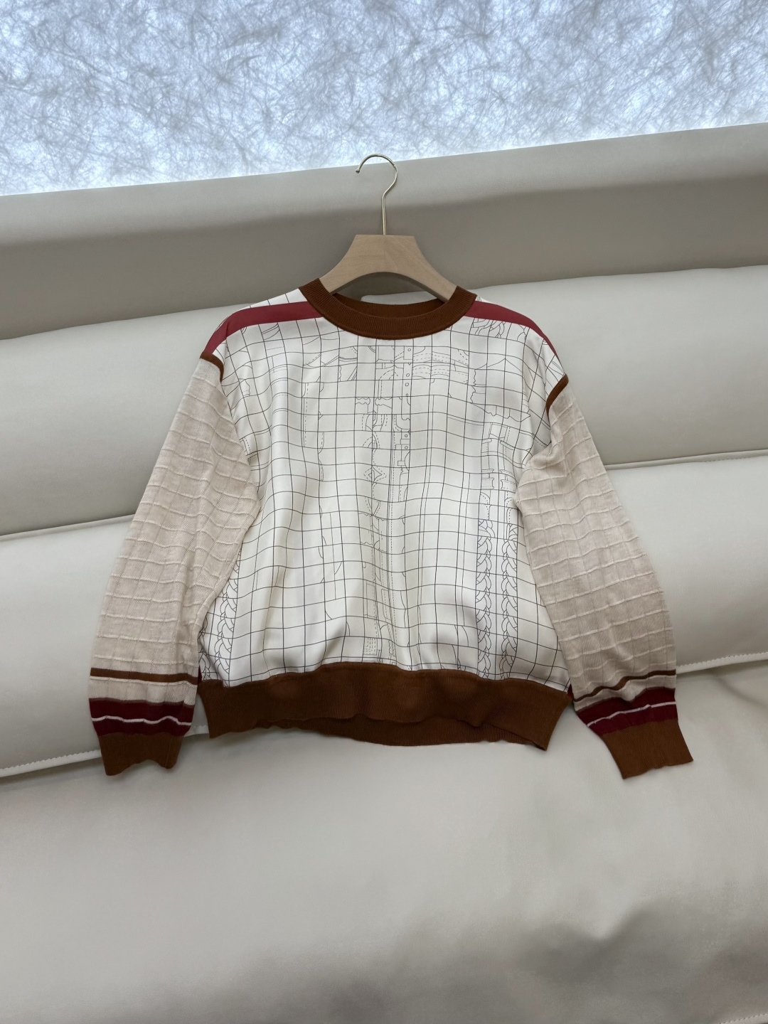 H32562#新款上衣💕H家 爱马仕 100% 真丝印花拼接长袖针织羊毛上两色S- XL