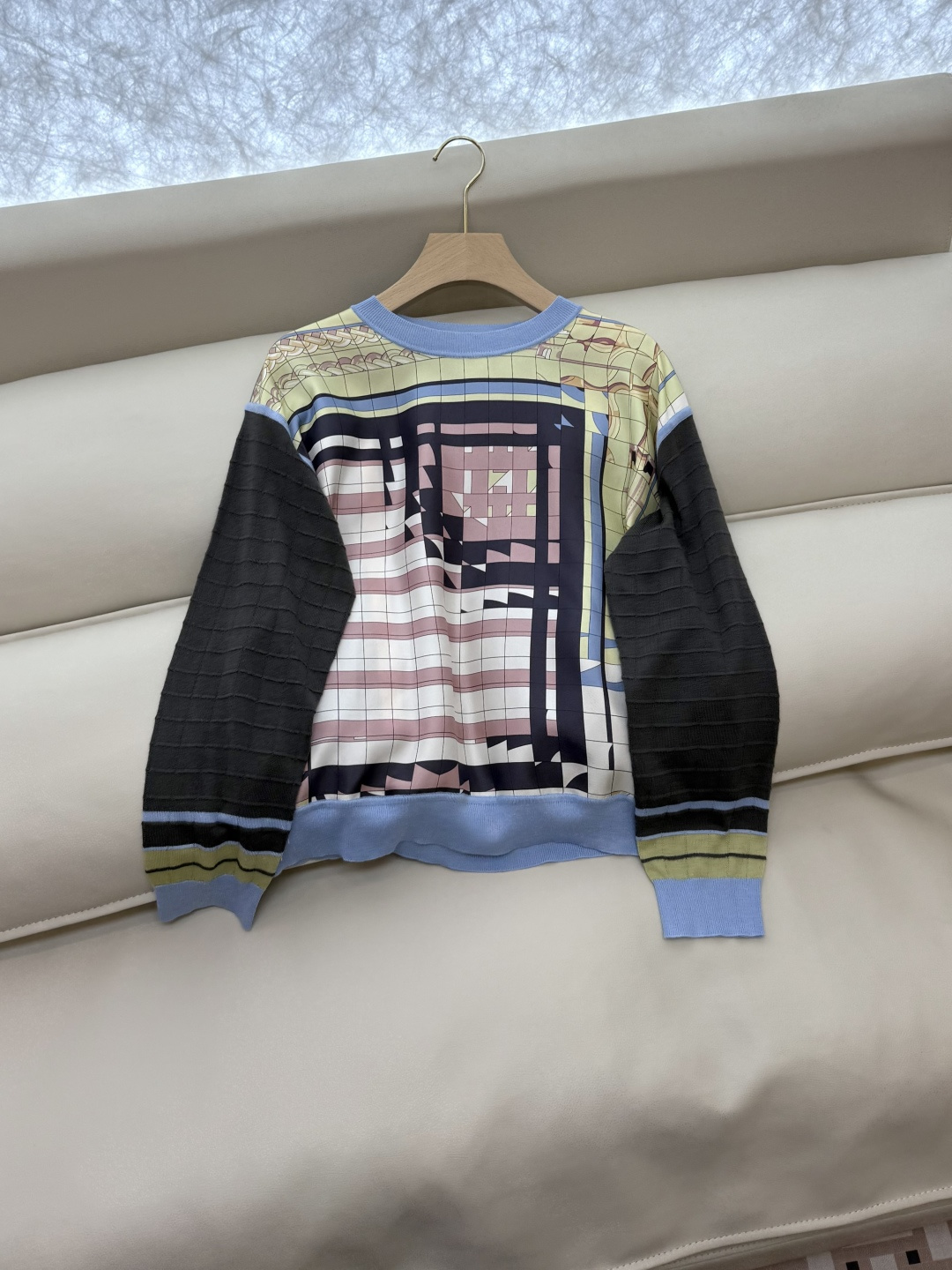 H32563#新款上衣💕H家 爱马仕 100% 真丝印花拼接长袖针织羊毛 S- XL