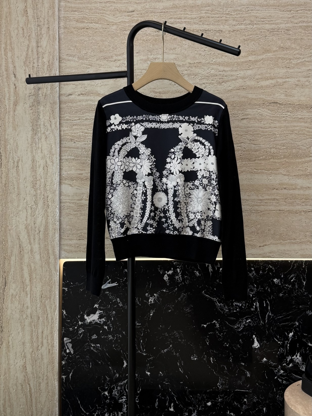 H32555#新款外套💕H家 爱马仕 100% 真丝印花拼接长袖针织羊毛上衣 四色 S- XXL